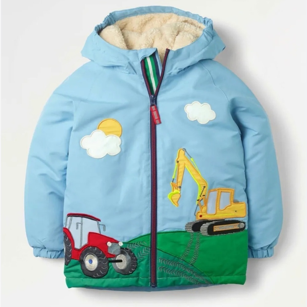 Mini Boden Light Blue Kids Jacket with Yellow Excavator & Red Tractor Appliques
